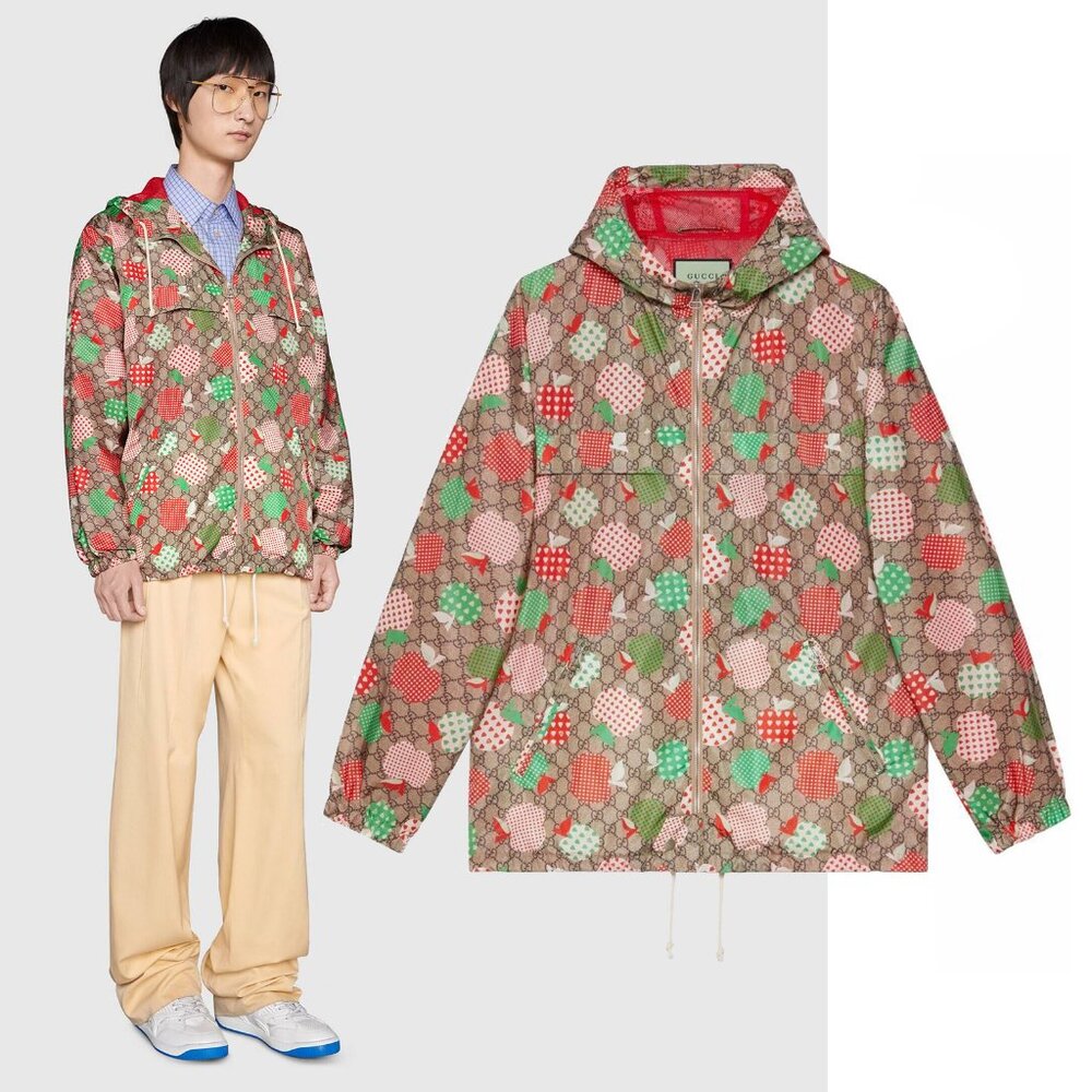GUCCI JACKET MENS GG SUPREME APPLE HEARTS LES POMMES PRINT HOODED